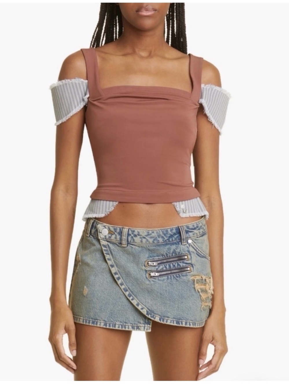 Miaou Mauve Square-Neck Off-Shoulder Crop Tank with Striped Sleeve Accents